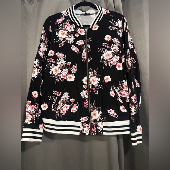 torrid Jackets & Blazers - torrid Black Floral Zip-Up Bomber Jacket with Pink Accents